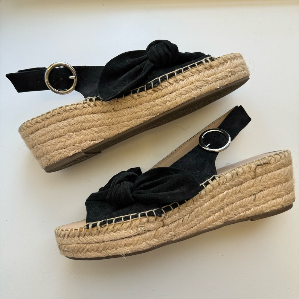 Franco Sarto Pixie Black Suede Slingback Wedge Open Toe Espadrille Sandals, 8 M